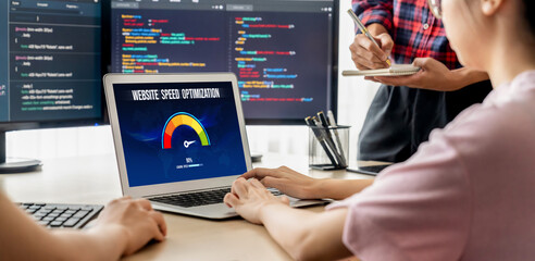 Computer software evaluating website loading speed. Concept of improving website loading speed brisk.