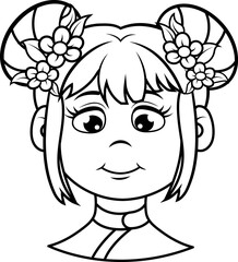 Adorable niña de dibujos animados con moños de flores lista para colorear y divertirse creativamente.