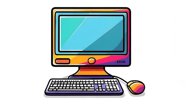 Colorful Retro Desktop Computer with Monitor, Keyboard, and Mouse on a White Background