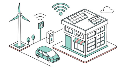 Electric car charging at solar powered building with wind turbine