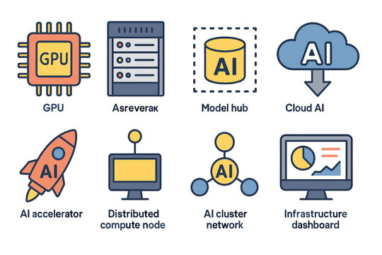AI Technology Infrastructure Icons Set: GPU, Cloud AI, AI Accelerator, and More