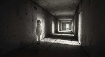 Obraz premium Young girl standing alone in dark hallway with light at the end - 