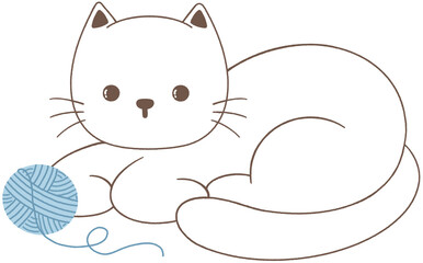 Hand drawn white cat cartoon with ball of yarn