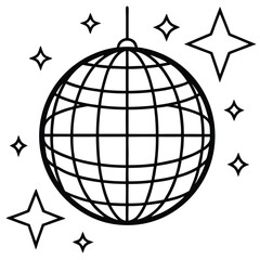 Black and White Disco Ball Surrounded by Simple Stars Icon Design Graphic