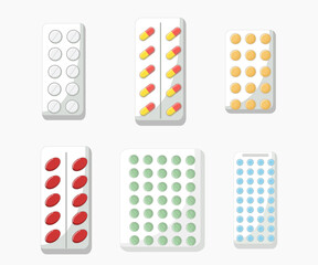 Set, tablets, pills, capsules of different colors, tablets in a blister, medicine, medicine