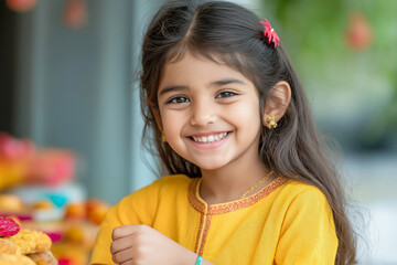 Young girl in traditional attire is smiling while tying colorful thread on a festive occasion, celebrating the bond of siblings during Raksha Bandhan. Raksha Bandhan, brother sister bond