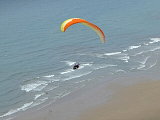 Aerial view of Paragliders at Whitsand Bay, Cornwall