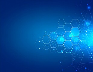 Abstract digital network of glowing hexagons and lines on a blue background