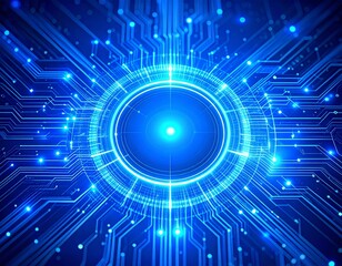 Obraz premium Futuristic glowing blue circuit board with radiating lines and bright center