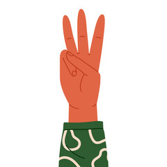 Human hand showing number three with three fingers raised. Finger-counting. Math and education. Sign language or counting concept. Vector illustration in cartoon style. Isolated on white