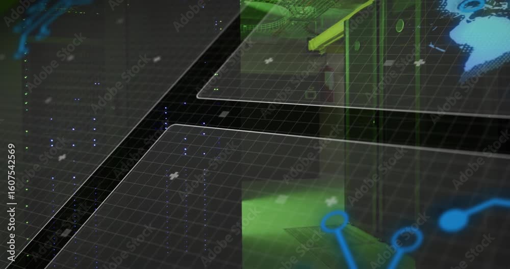 Poster grid panel appearing triggers globe rotating, network nodes pulsing and visualizing data flow