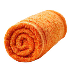 Large orange towel is rolled up and sitting on a white background