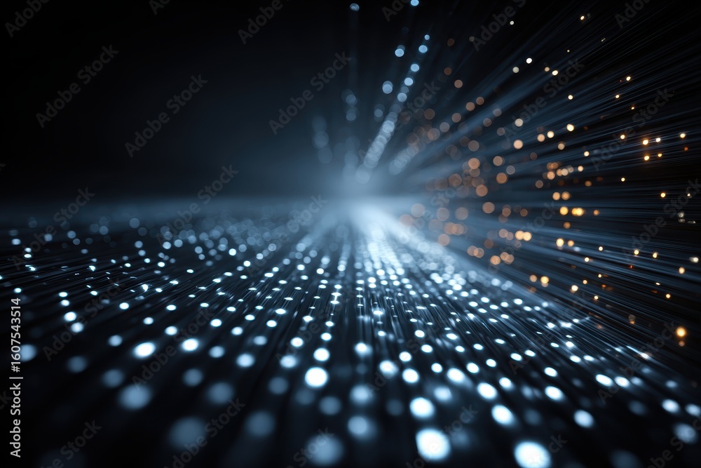 Poster dynamic patterns of light create a mesmerizing visual display in a dark setting, conveying depth and