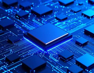 Detailed view of a blue processor on a complex circuit board with illuminated pathways