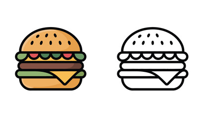 Colorful and Line Art Illustrations of a Delicious Hamburger with Sesame Seed Bun
