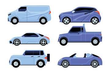 Electric Car or EV icons collection in flat style with Urban city cars and vehicles transport concept