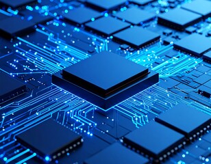 Abstract blue circuit board with a central chip and glowing digital lines