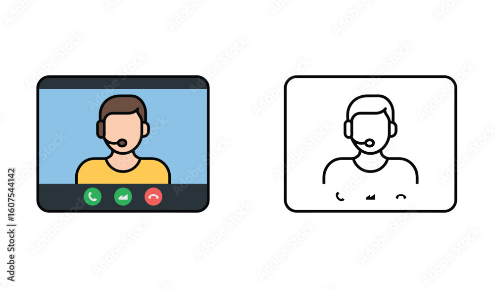 Poster video call interface icon with person and buttons for communication and connection