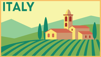 Naklejka premium Vintage Italian Countryside Landscape with Church and Rolling Hills Vector Illustration Ideal for Travel Posters and Tourism Promotion
