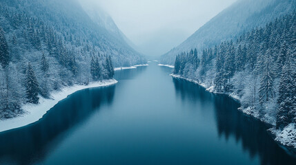Aerial view of a snow-covered mountain lake in winter reveals serene icy waters surrounded by pristine snow and rugged peaks, capturing nature’s tranquil, cold beauty.

