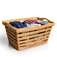 wooden laundry basket with clothes isolated on transparent background