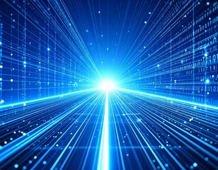 Abstract blue light streaks create a sense of fast motion through a digital data tunnel