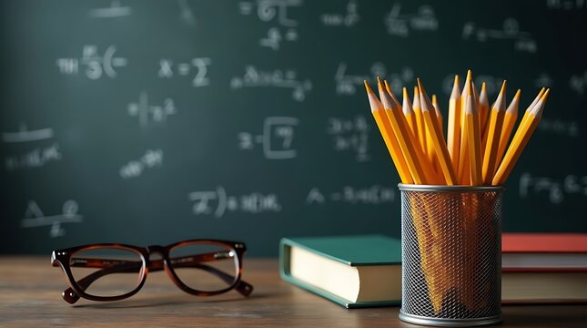 Back to school: Yellow pencils, eyeglasses, and textbook on a wooden desk against a chalkboard with math equations.