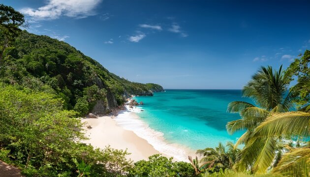 breathtaking tropical beach paradise white sands meet turquoise ocean framed by lush cliffs palm trees witness clear waters beauty stunning coastal vista with tropical vibe