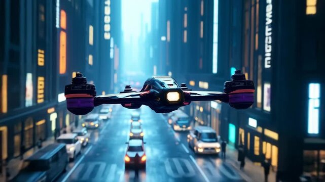 Futuristic flying drones with glowing lights soaring over a neon-lit city street at night