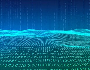Falling binary code streams create a digital wave in a futuristic data flow