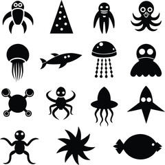 Collection of marine life silhouettes isolated on transparent background silhouette