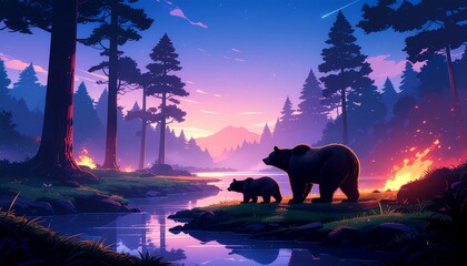 A bear and two cubs are trying to escape from burning forest at night time, Generative AI