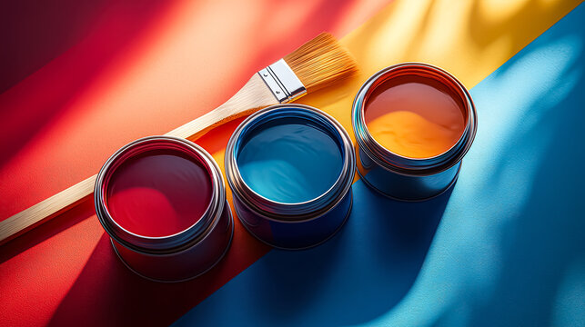 Three cans of paint are sitting on a table with a paintbrush