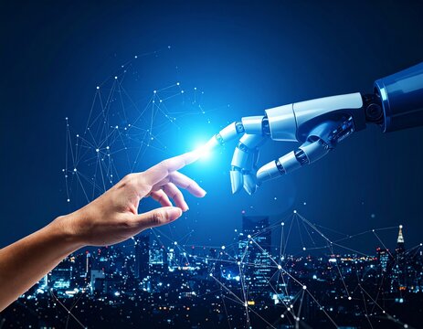 A human finger and robot hand connect, creating a spark of light - Powered by Adobe