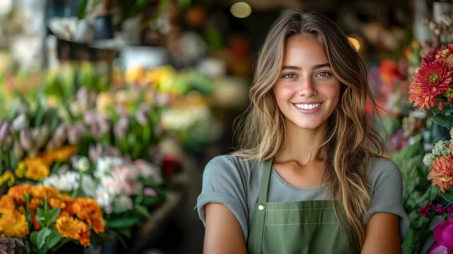 Smiling young florist in apron standing in front of a colorful flower display at a flower shop surrounded by blooming plants
