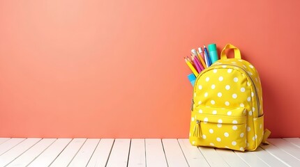 Yellow polka dot backpack with school supplies on coral background; back to school concept.