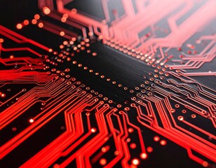 Closeup of a red circuit board with intricate electronic pathways
