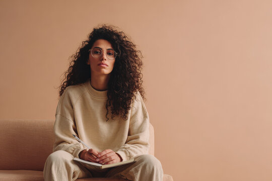 sociologist is focused on analyzing data with open notebook placed on left side of frame