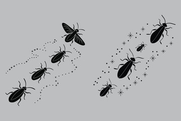 Fireflies lighting in sequence silhouette vector design art and illustration