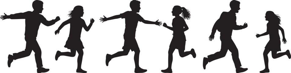 Group of diverse people running together in silhouette isolated on white background