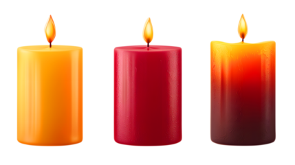 Three lit candles in various colors representing warmth and celebration on white background