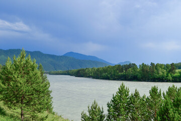 Naklejka premium Scenic river landscape with lush green trees and distant mountains under a dramatic sky, capturing the beauty of nature and tranquility in a serene environment. A wilderness travel concept.