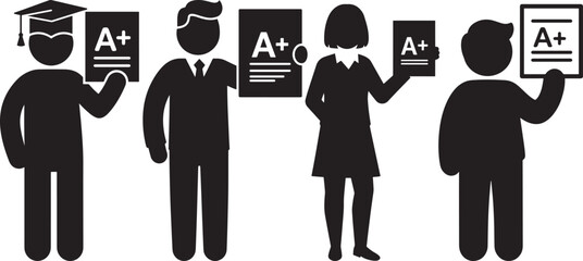 Silhouettes of students holding a grades isolated on white background
