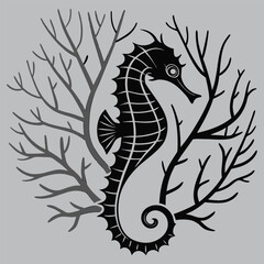 Seahorse floating near coral silhouette vector design art and illustration