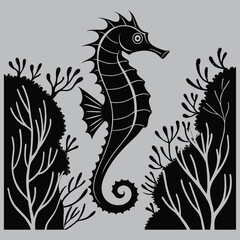Seahorse floating near coral silhouette vector design art and illustration