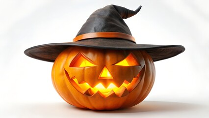 Photo of a glowing carved halloween jackolantern wearing a black witchs hat presented on a clean white background for a festive holiday theme
