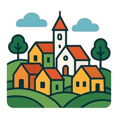 Naklejka premium Cartoon illustration of a vibrant village scene with houses, church, hills, and trees