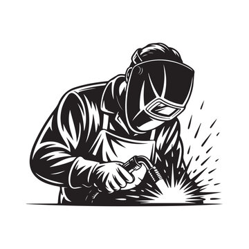Illustration of a welder working with sparks in black and white style
