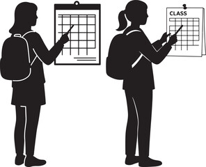 Two students pointing at calendar schedule silhouette isolated on white background