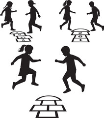 Children playing hopscotch silhouette isolated on white background